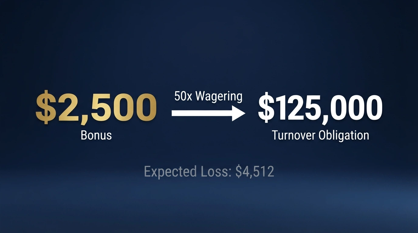 A calculator-style display showing a headline bonus amount beside the turnover obligation after a 50x wagering multiplier