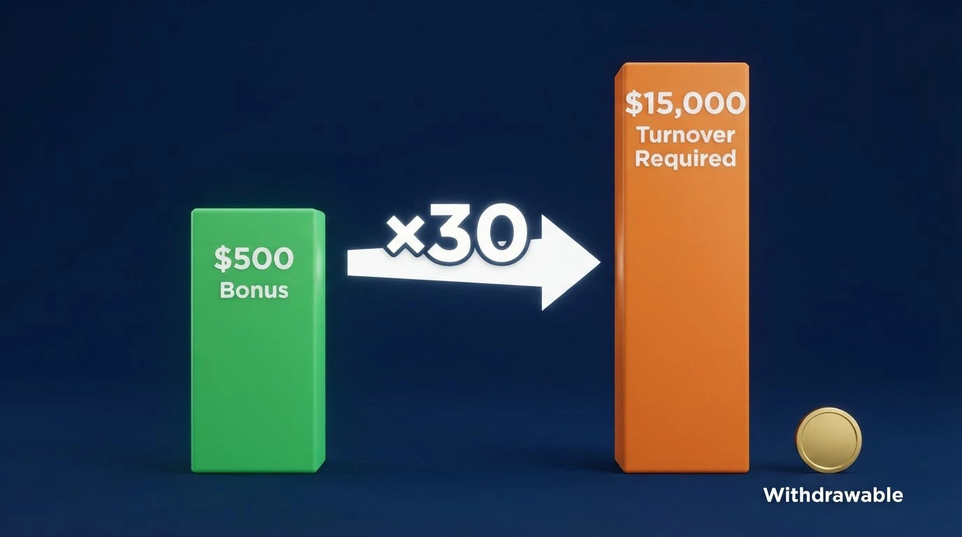 a calculator-style visual showing a $500 bonus arrow leading through a 30x multiplier to a $15,000 turnover figure, with a small “withdrawable” pot at the end