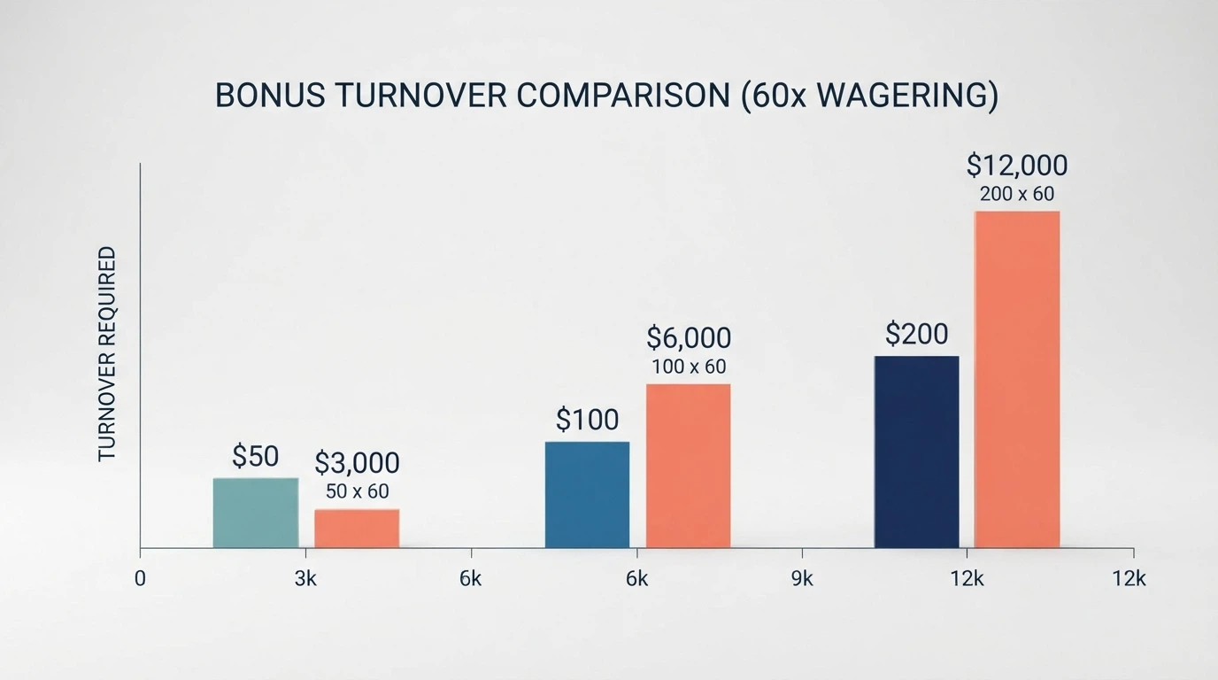 A comparison chart showing three bonus amounts at different wagering multipliers and the total turnover required to clear each one