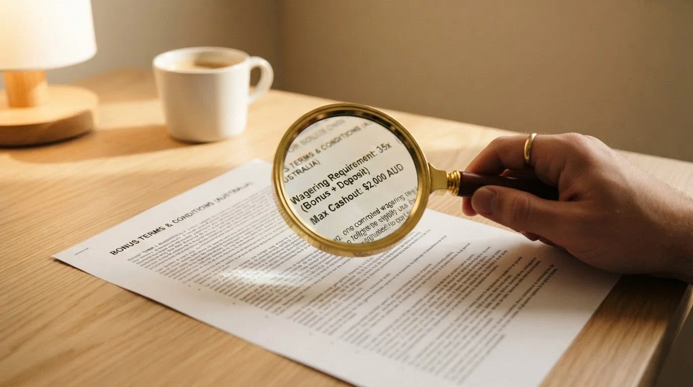 A magnifying glass over a bonus terms pop-up, highlighting the wagering multiplier and max-cashout line in the fine print