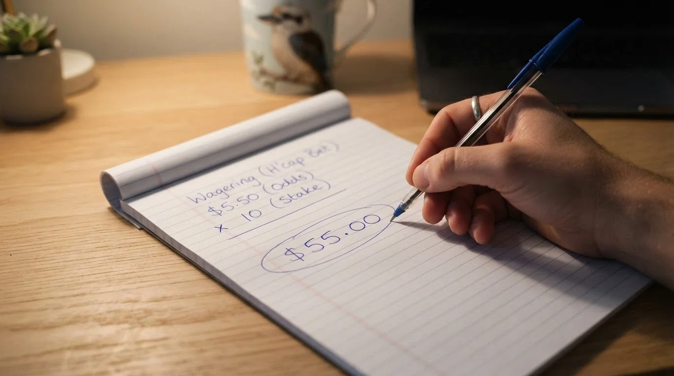 A calculator or notepad showing a wagering-requirement sum: $100 × 35 = $3,500 in required turnover