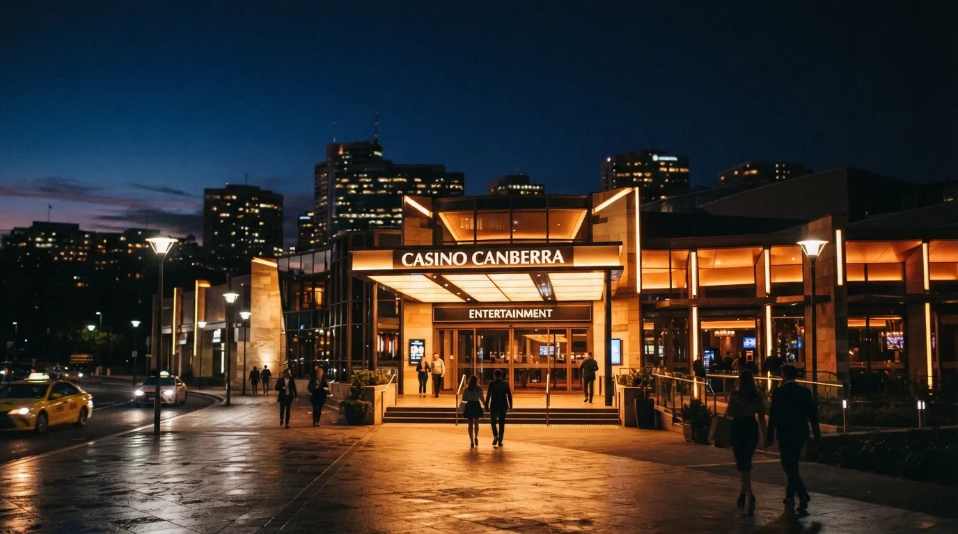 Casino Canberra exterior lit at night with the Canberra CBD skyline in the background