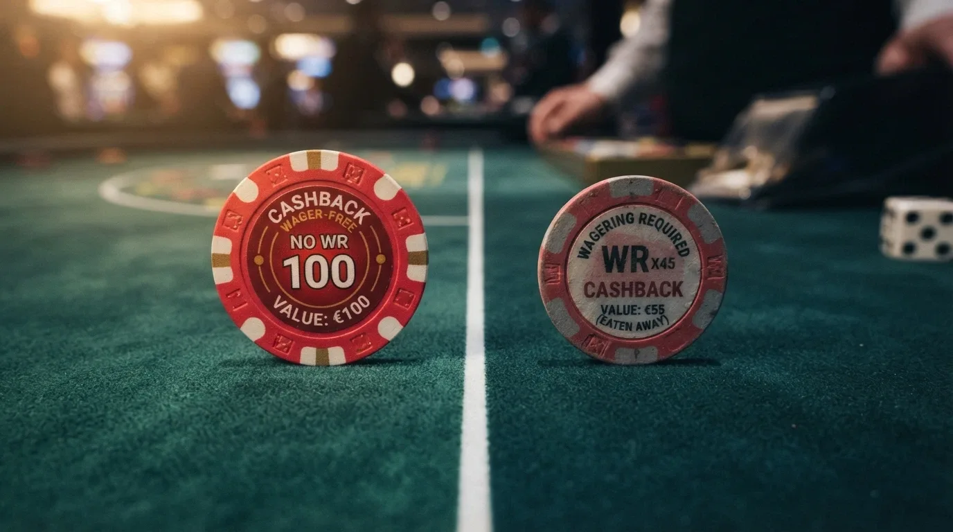 A side-by-side visual of the featured operators ranked by cashback value after wagering, with the wager-free operators highlighted