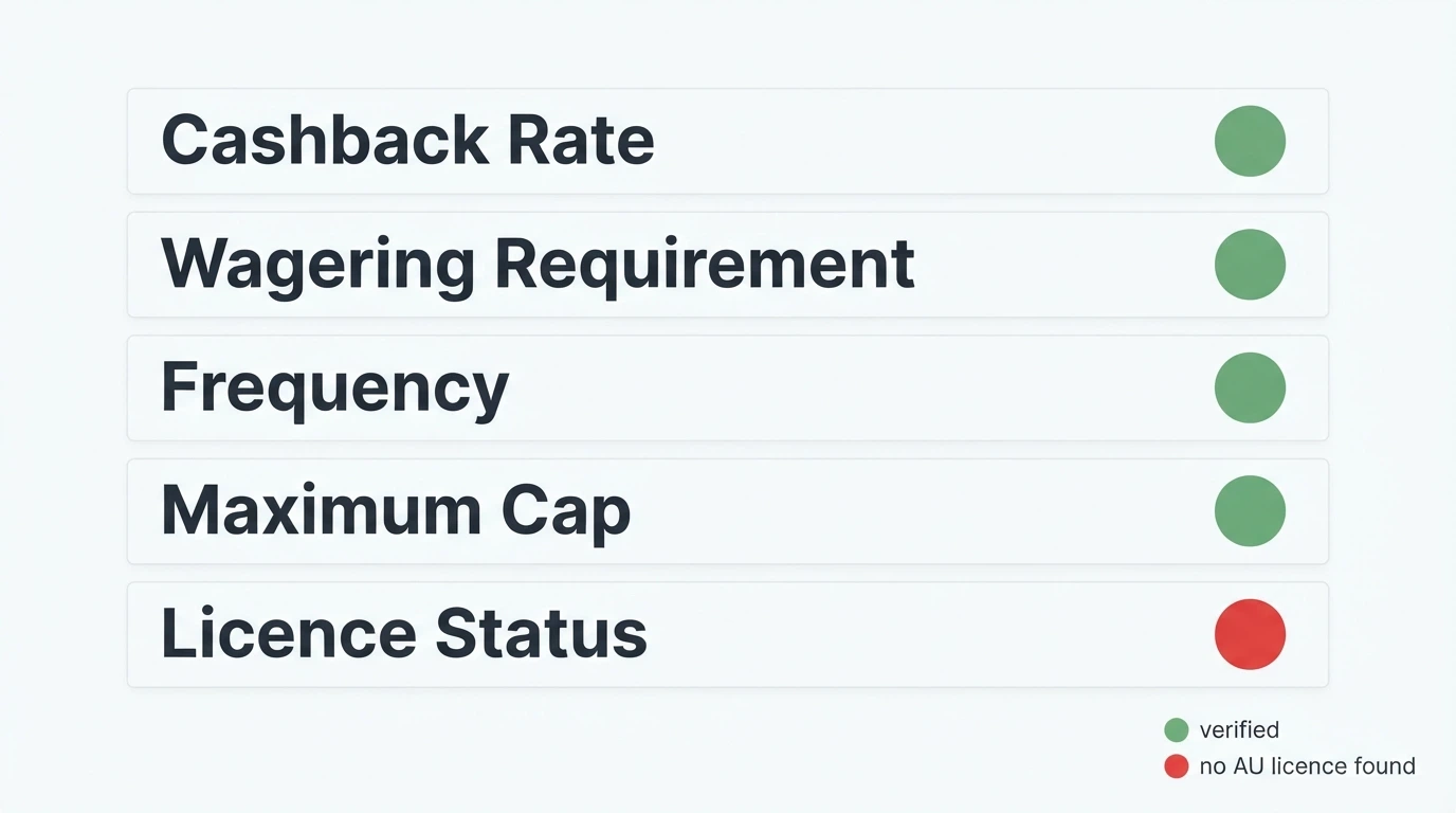 A checklist-style visual of the criteria used — cashback rate, wagering, frequency, cap, real-money status — with the ACMA licence check marked “no AU licence found”
