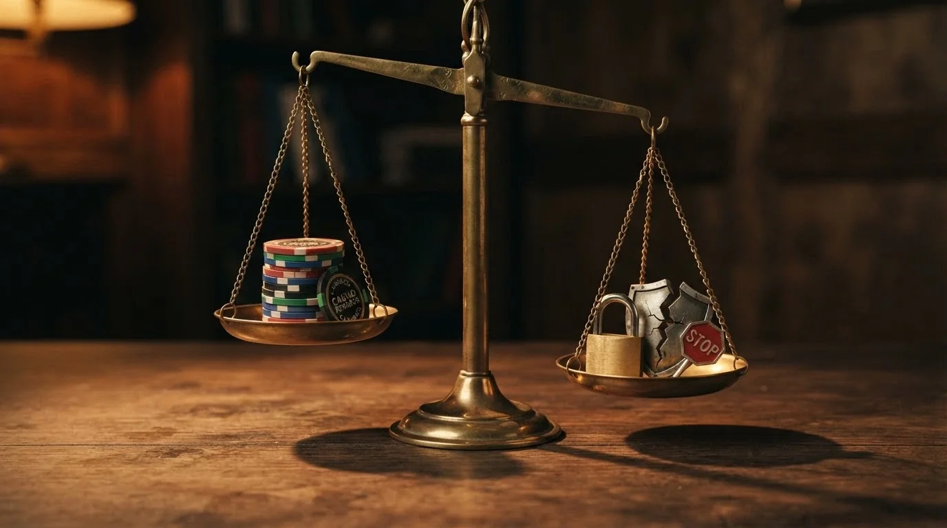 A balance-scale visual with cashback value on one side and offshore risks (no BetStop, no ACMA, site blocking) on the other, tilted toward the risk side