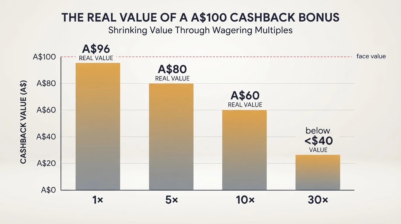 A stepped diagram showing a A$100 cashback bonus shrinking through wagering multiples — A$100 at 1× lands near A$96, at 5× drops to A$80, at 30× falls below A$40