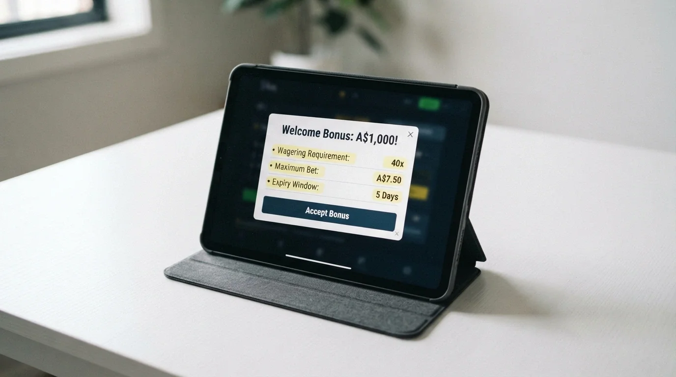 An iPad screen displaying a casino bonus terms pop-up with wagering requirement, max bet and expiry date highlighted
