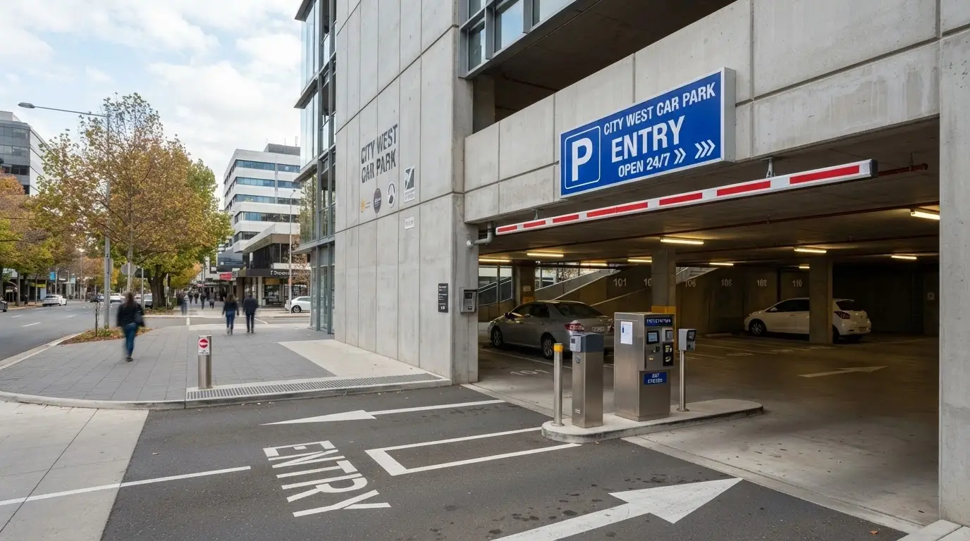 Casino Canberra car park entrance and parking signage on Binara Street