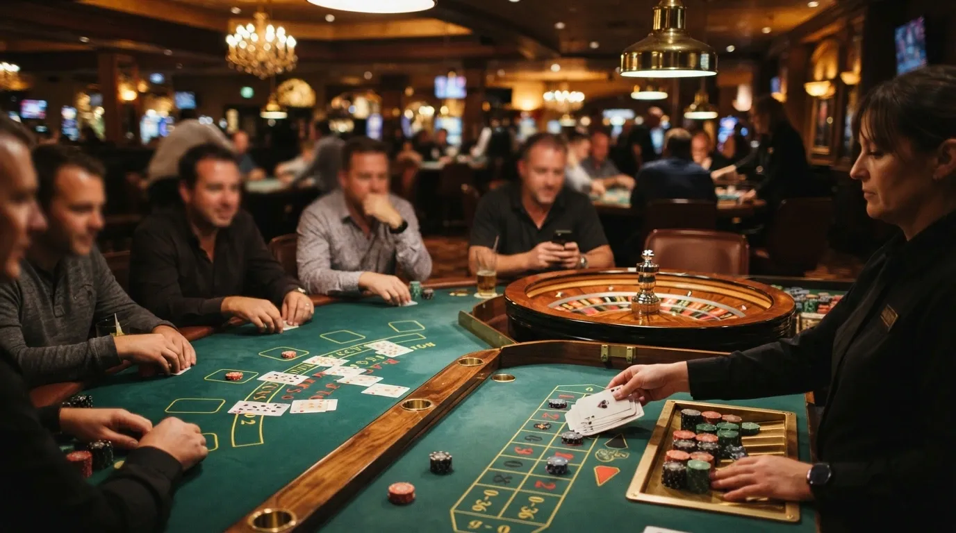 Blackjack and roulette tables in play on the Casino Canberra main gaming floor