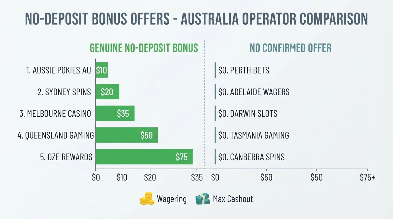 A horizontal bar-chart comparing the no-deposit bonus value, wagering multiple and max cashout across the featured operators
