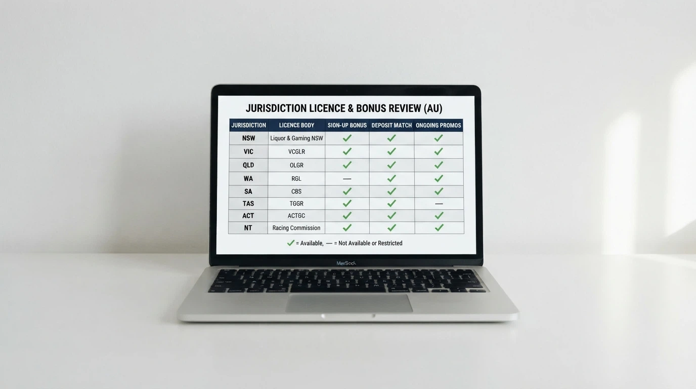 A laptop screen displaying a side-by-side table of casino names, licence jurisdictions and bonus types
