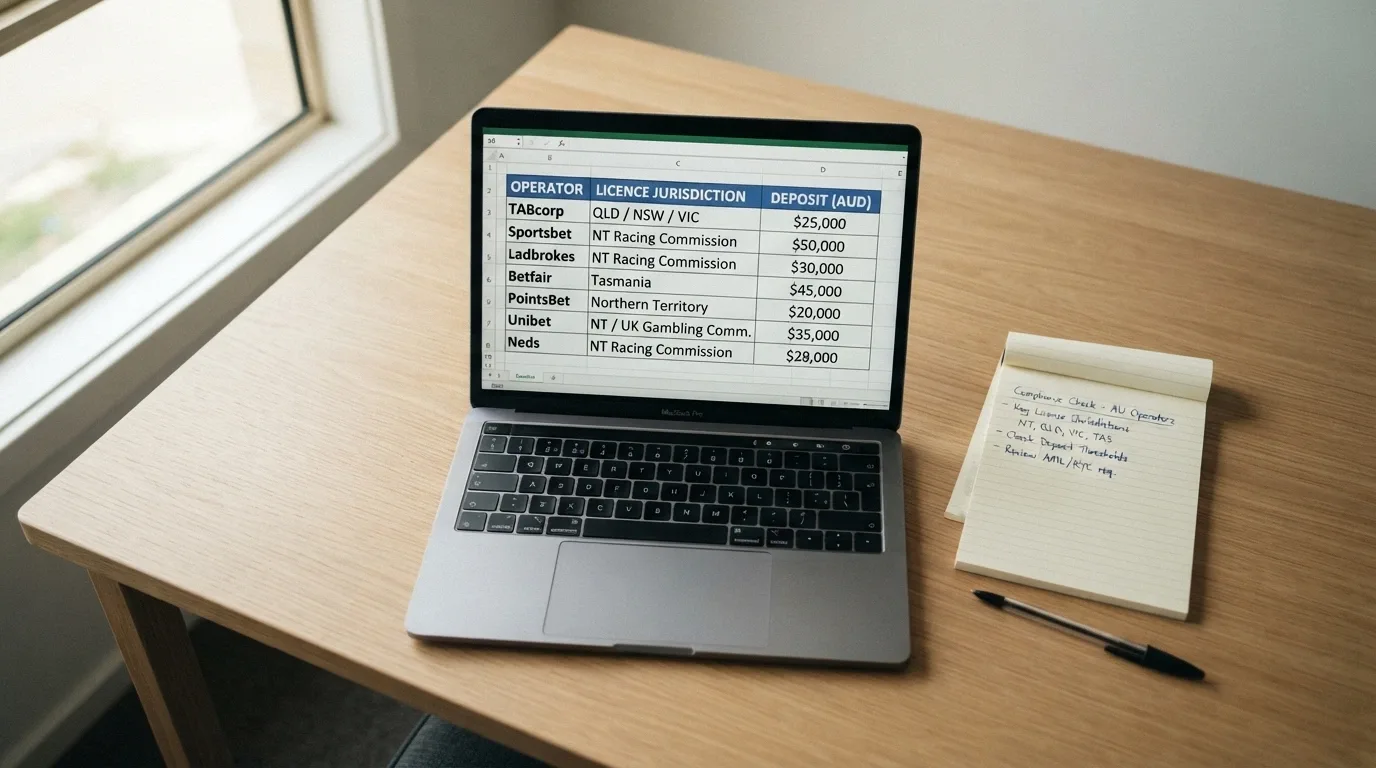 A clean side-by-side comparison grid showing simplified casino operator names with licence jurisdiction labels and deposit figures, arranged on a desktop screen with a notepad and pen beside it