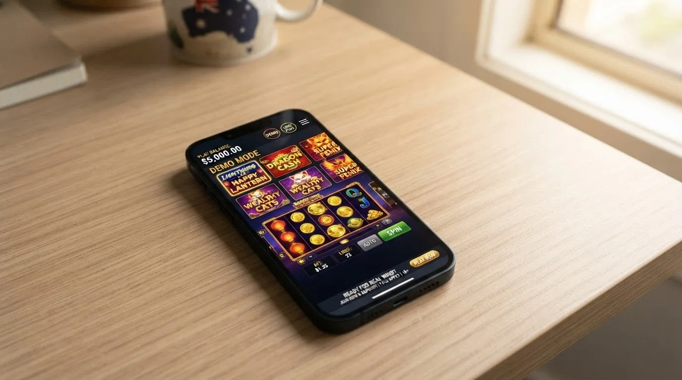 Android phone screen showing a pokies game in demo mode with a prominent play-money balance and a try-real-money banner