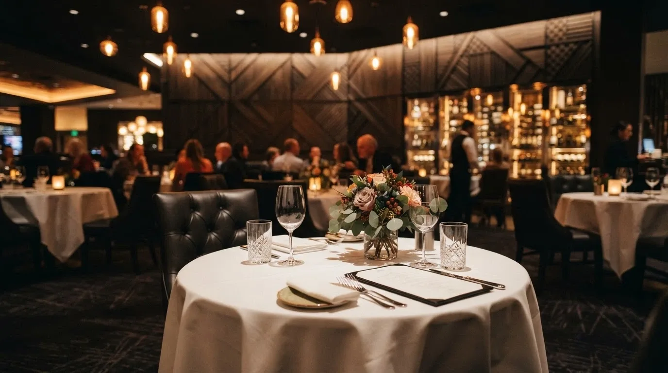 Restaurant dining area and table setting inside Casino Canberra
