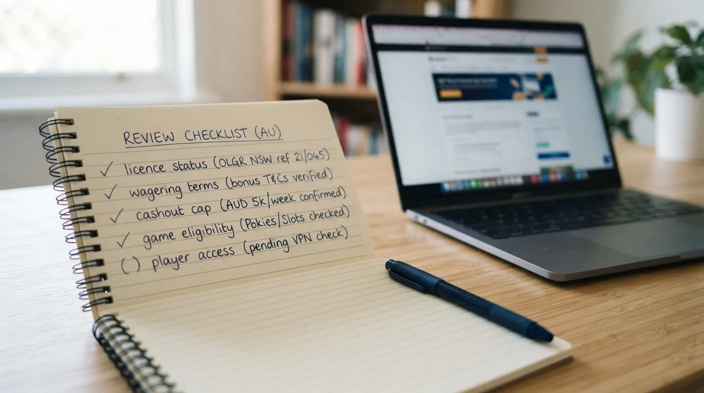 A notepad and pen beside a laptop showing a checklist of evaluation criteria: licence, wagering, cashout cap, game eligibility, AU access