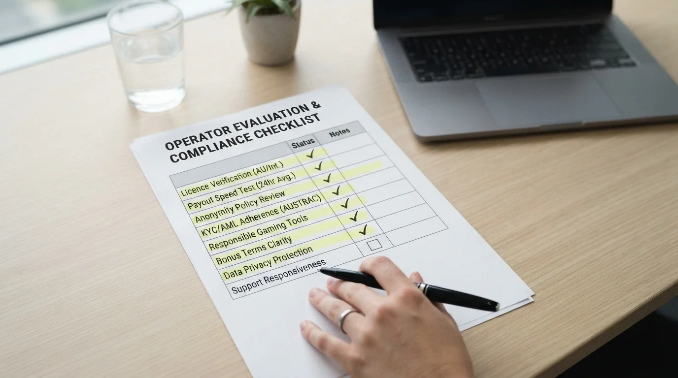 A checklist-style document with licence verification, payout-speed test results and anonymity-policy notes highlighted