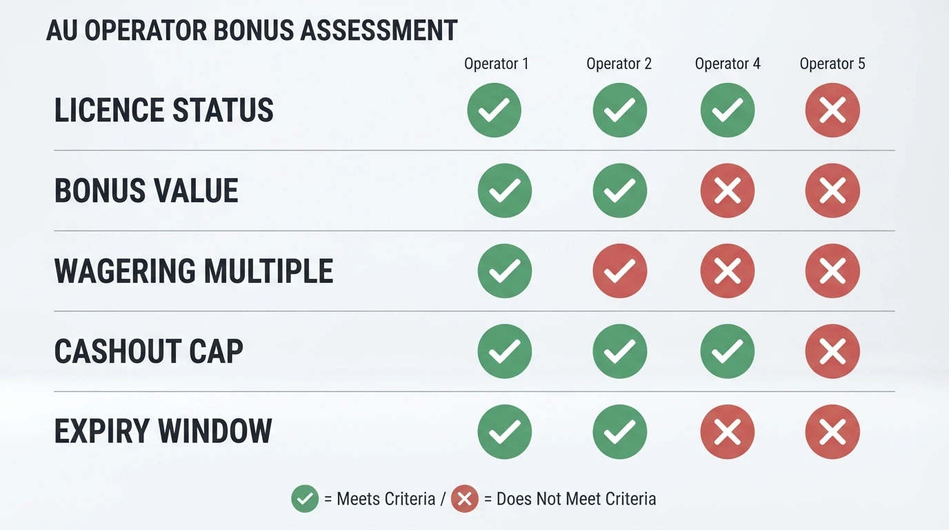 A checklist-style layout showing the five assessment criteria — licence status, bonus value, wagering multiple, cashout cap and expiry window — with a tick or cross beside each operator name