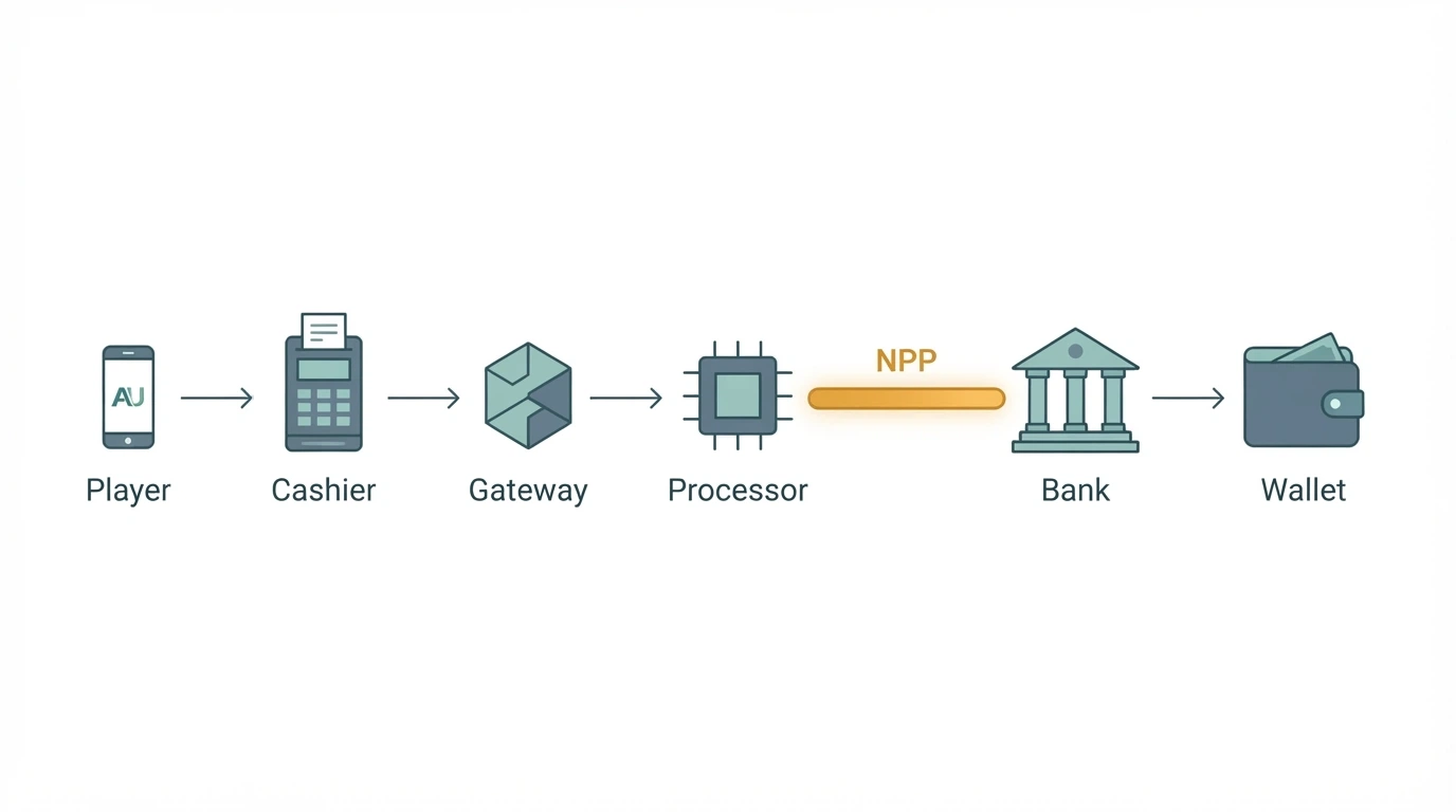 A simplified diagram showing the payment flow from player → casino cashier → payment gateway → processor → acquiring bank → player's bank, with the NPP rail highlighted