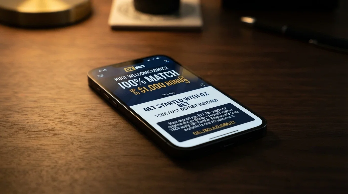 Android phone displaying a casino promotions page with a 100%-match welcome-bonus banner, beneath it the terms link and wagering-requirement fine print