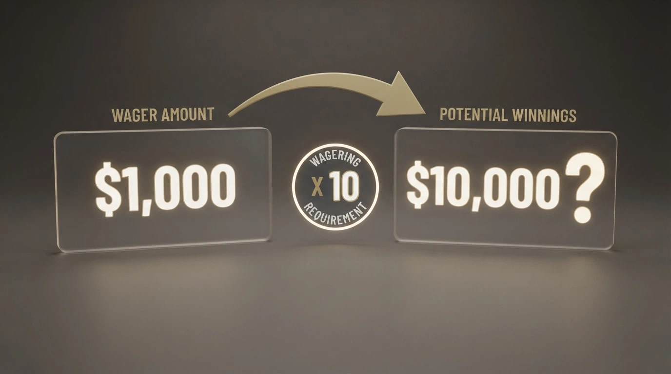 A calculator-style visualisation — a bright A$1,500 bonus offer on one side, an arrow labelled “40x wagering” in the middle, and A$60,000 on the other side with a question mark beside it.