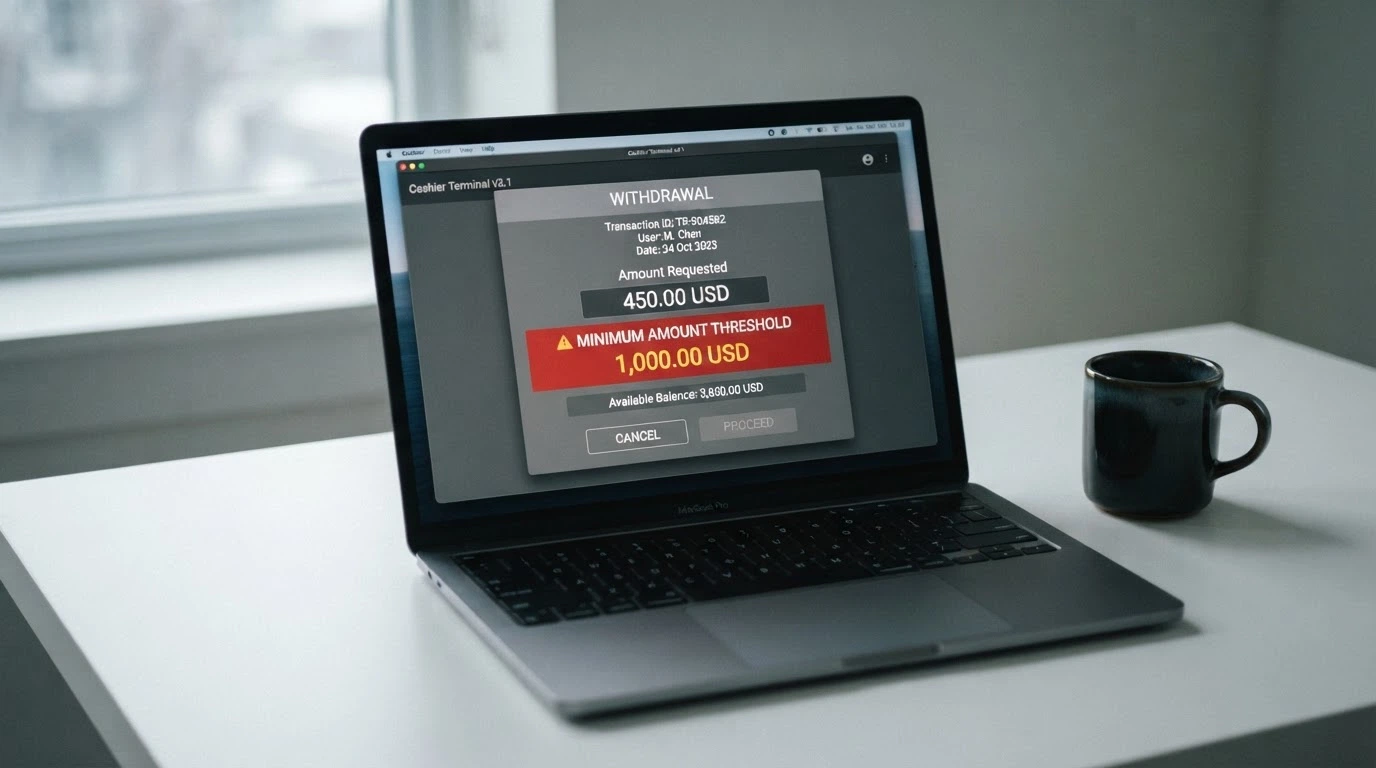 A casino cashier screen showing a withdrawal request blocked by a minimum-amount warning, with the figure highlighted
