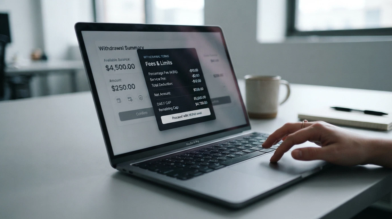 A withdrawal screen with dollar figures greyed out behind a semi-transparent overlay showing percentage deductions and cap limits