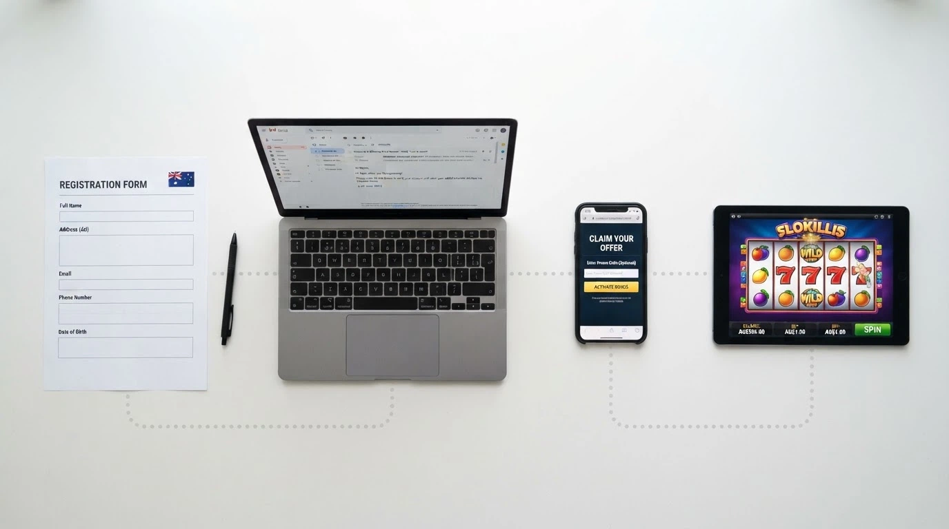 A step-by-step visual of the claiming journey — a registration form, an email inbox with a verification link, a promo-code field, and a pokie game loading screen