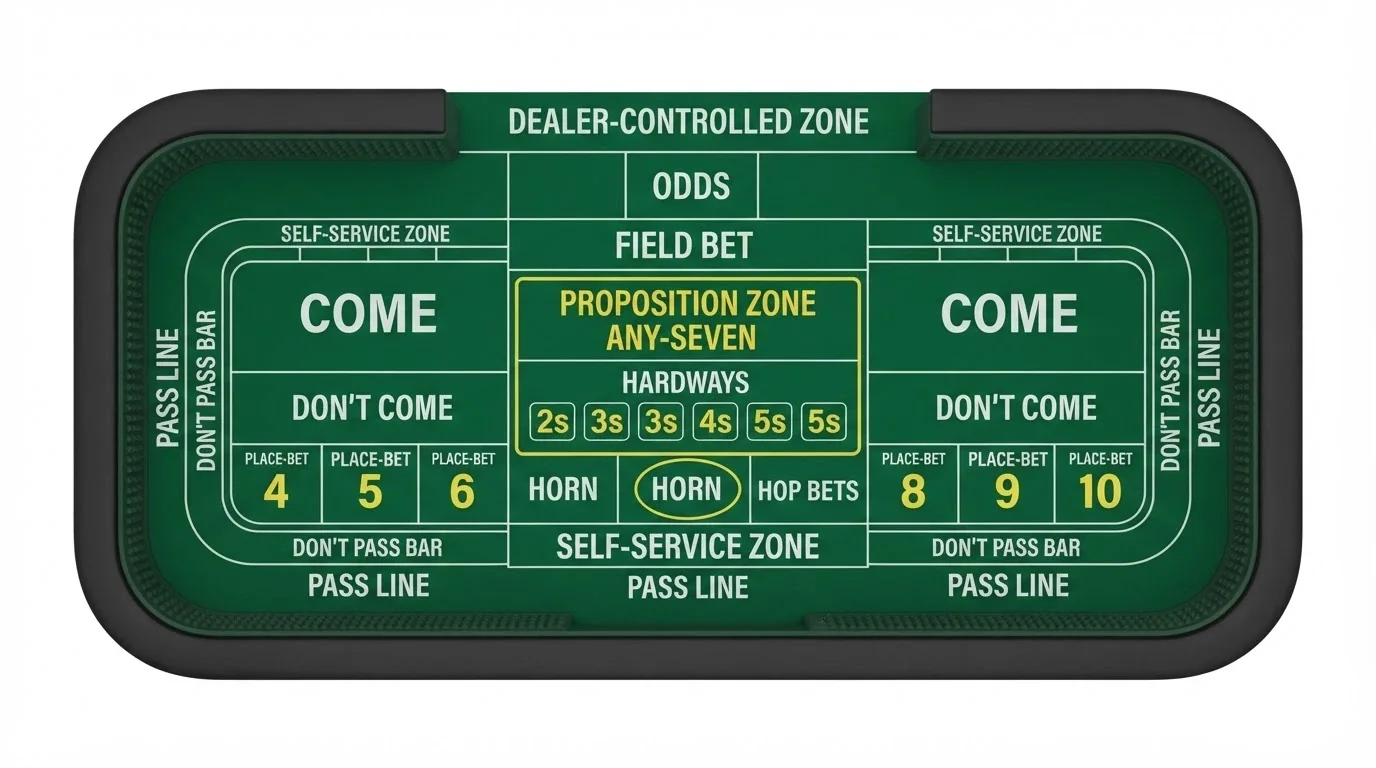 A labelled overhead view of a craps table layout with the pass line, don't pass bar, come, field, place bets and centre proposition zone marked
