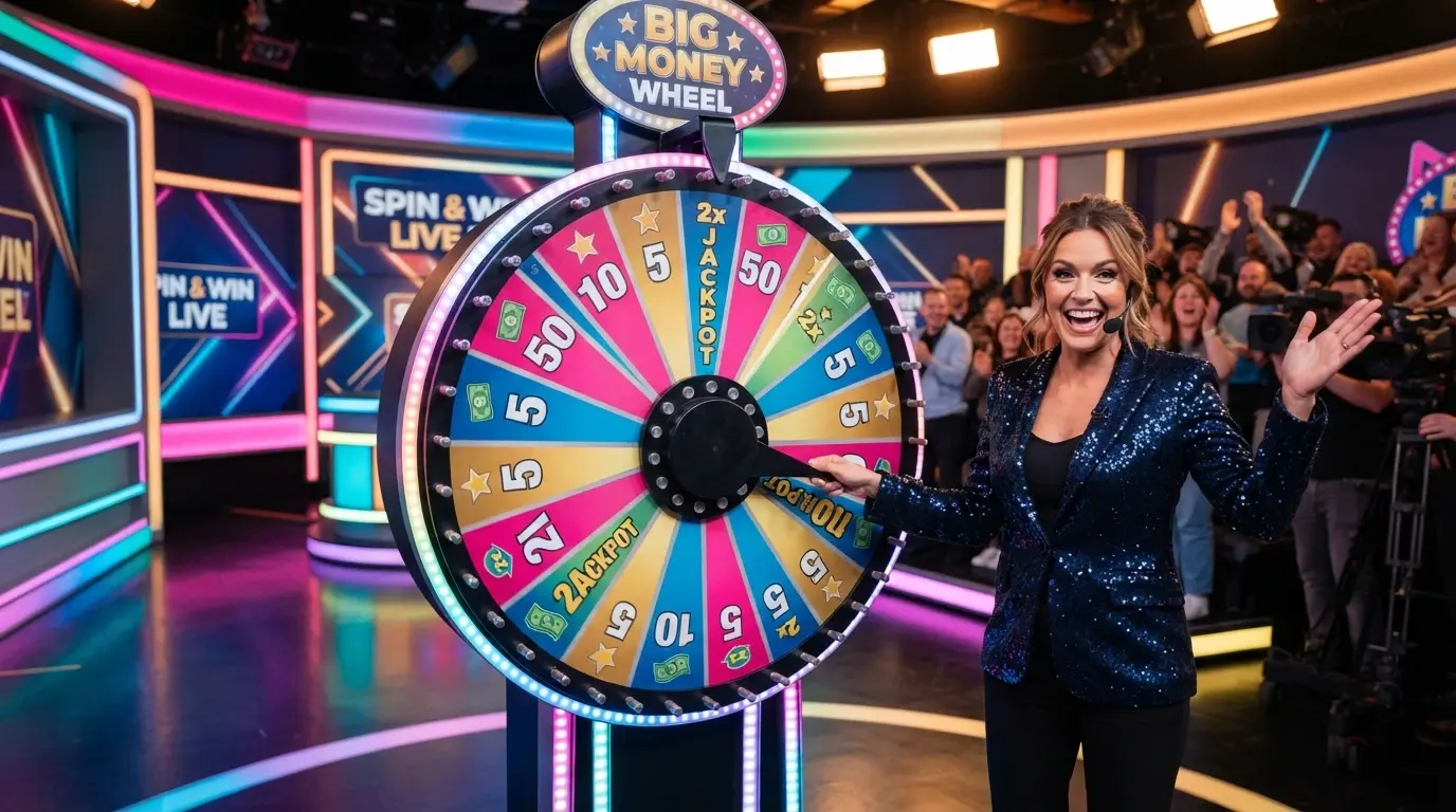 The Crazy Time money wheel in a brightly lit live studio, with a live host standing beside the wheel and multiplier segments visible