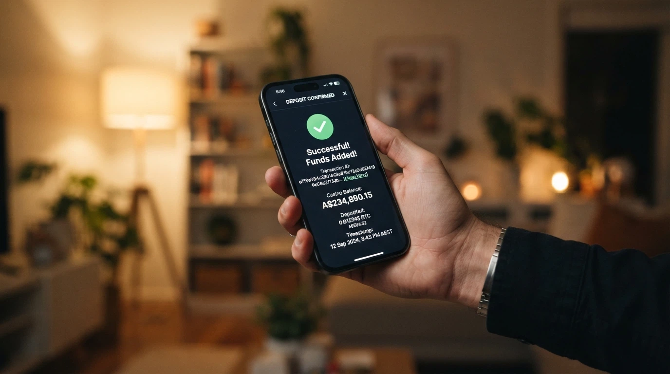 a smartphone screen showing a bitcoin deposit confirmation with a transaction hash and a casino balance updating in near-real-time