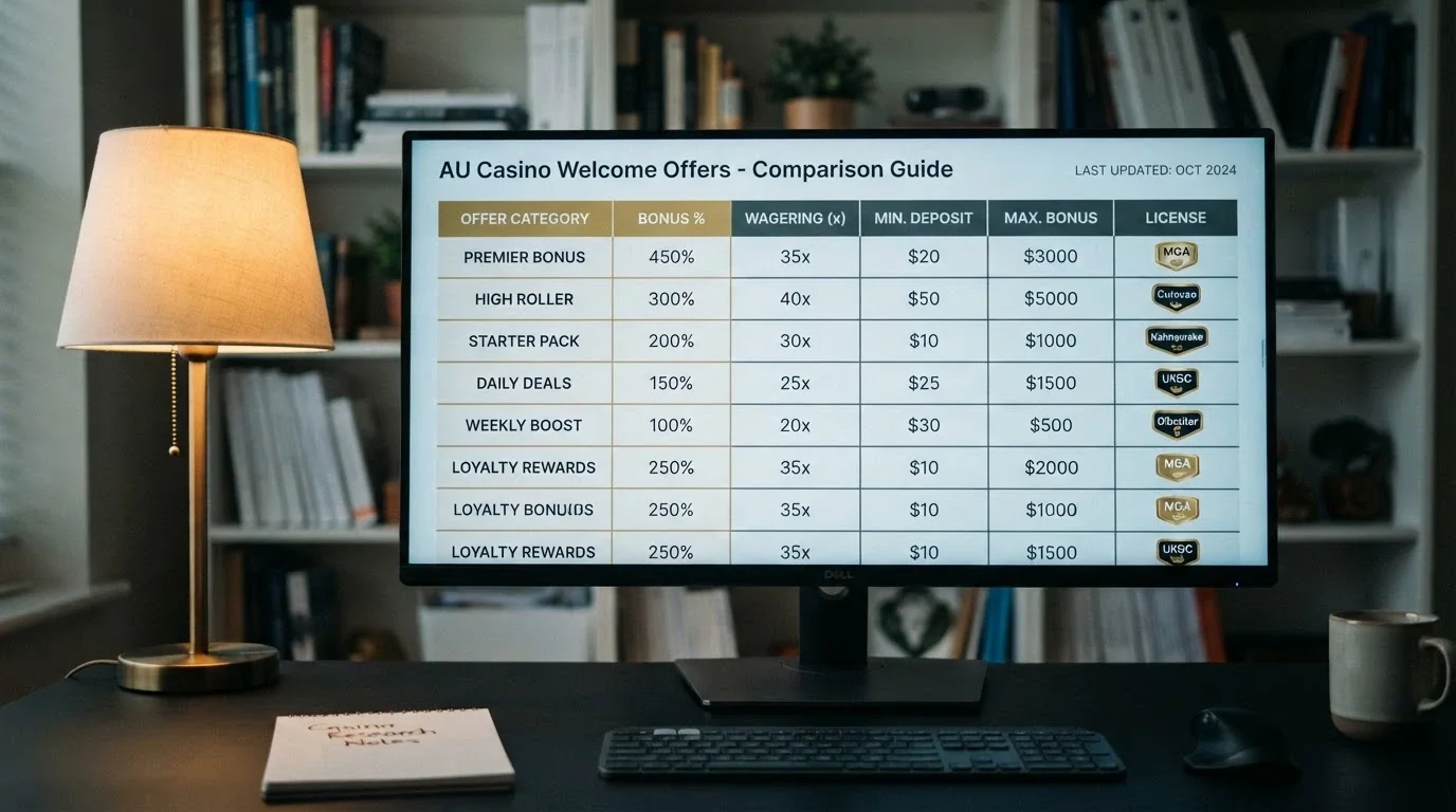 A side-by-side display of crypto casino welcome offers and licence badges arranged in a comparison-grid layout