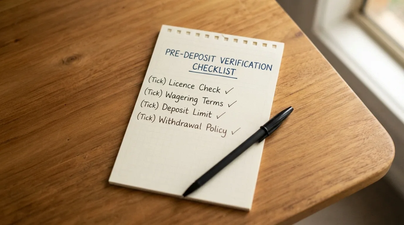 A notepad or digital checklist with items like check licence, read wagering terms, set a deposit limit and confirm withdrawal policy ticked off