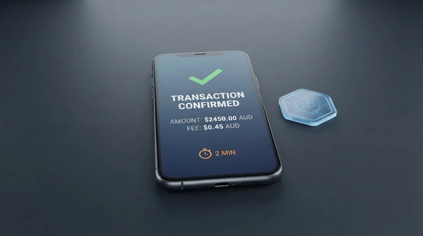 A crypto wallet interface showing a USDT TRC20 transaction with a 2-minute confirmation time and a network fee of A$1.85