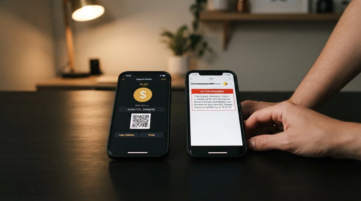 A stylised representation of a crypto deposit screen beside an Australian bank app showing a blocked transaction notice