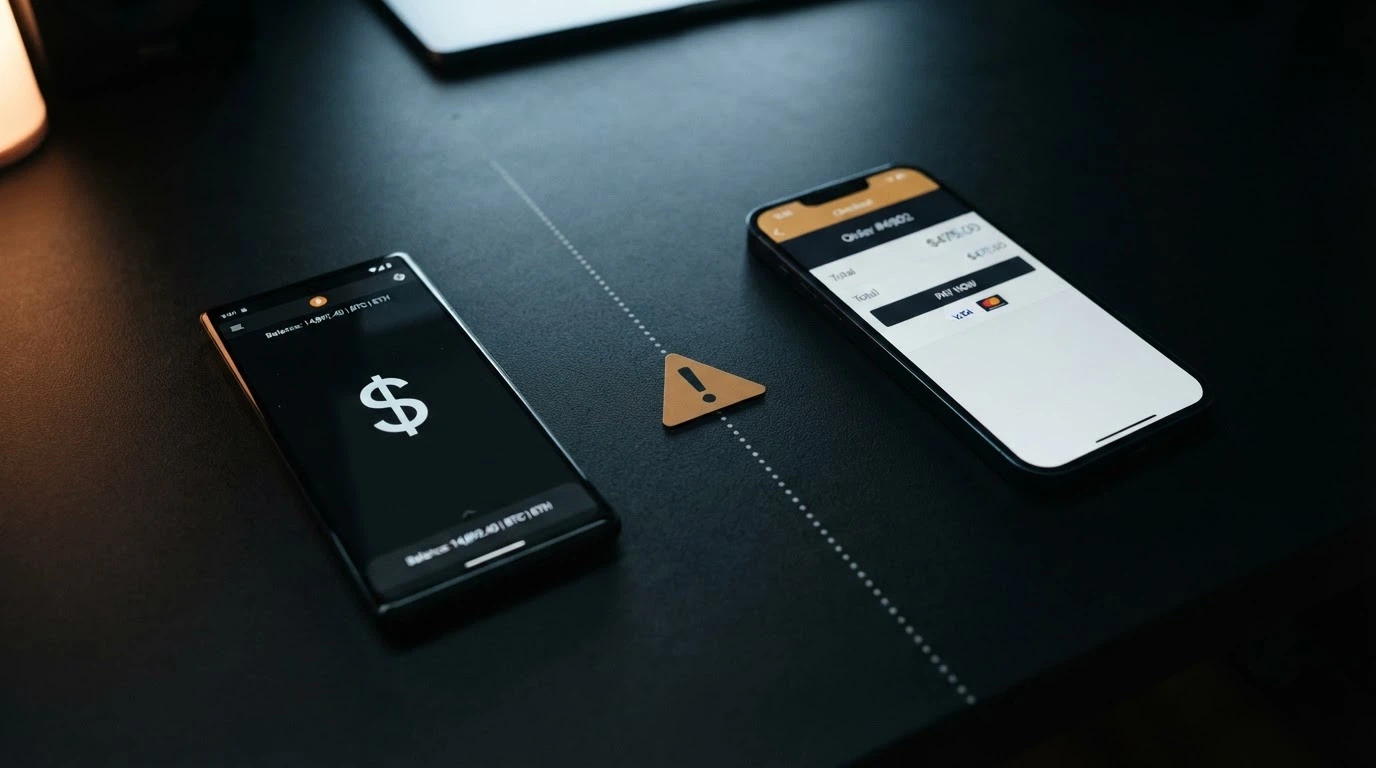 A smartphone showing a cryptocurrency wallet interface beside a casino cashier screen, with a dotted line connecting them and a warning icon at the midpoint