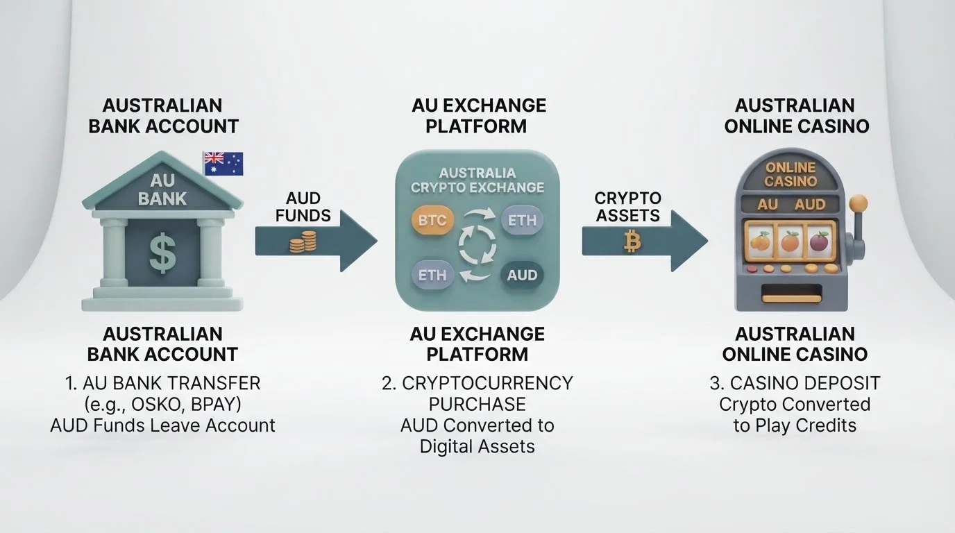 A simplified diagram showing the flow of Australian dollars through a crypto exchange into a bitcoin wallet and then to a casino deposit address, with arrows and labels