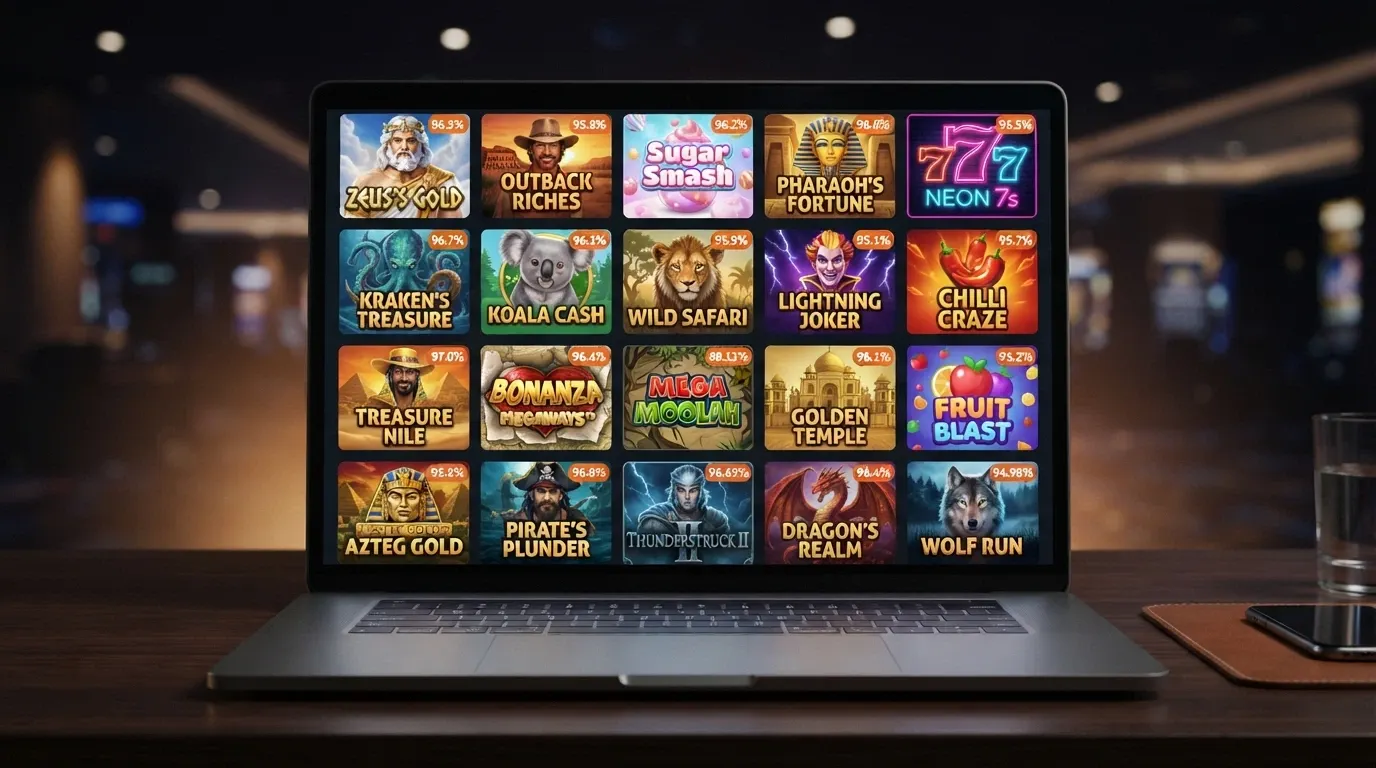 A grid of pokies game thumbnails including Gates of Olympus and Book of Dead with RTP percentage callouts overlaid on each tile