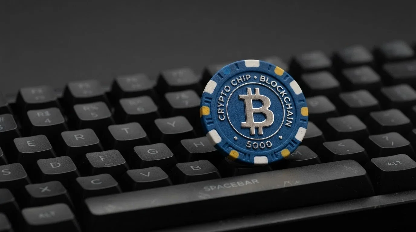 A casino chip with a Bitcoin symbol on one face and a padlock icon on the other, sitting on a keyboard