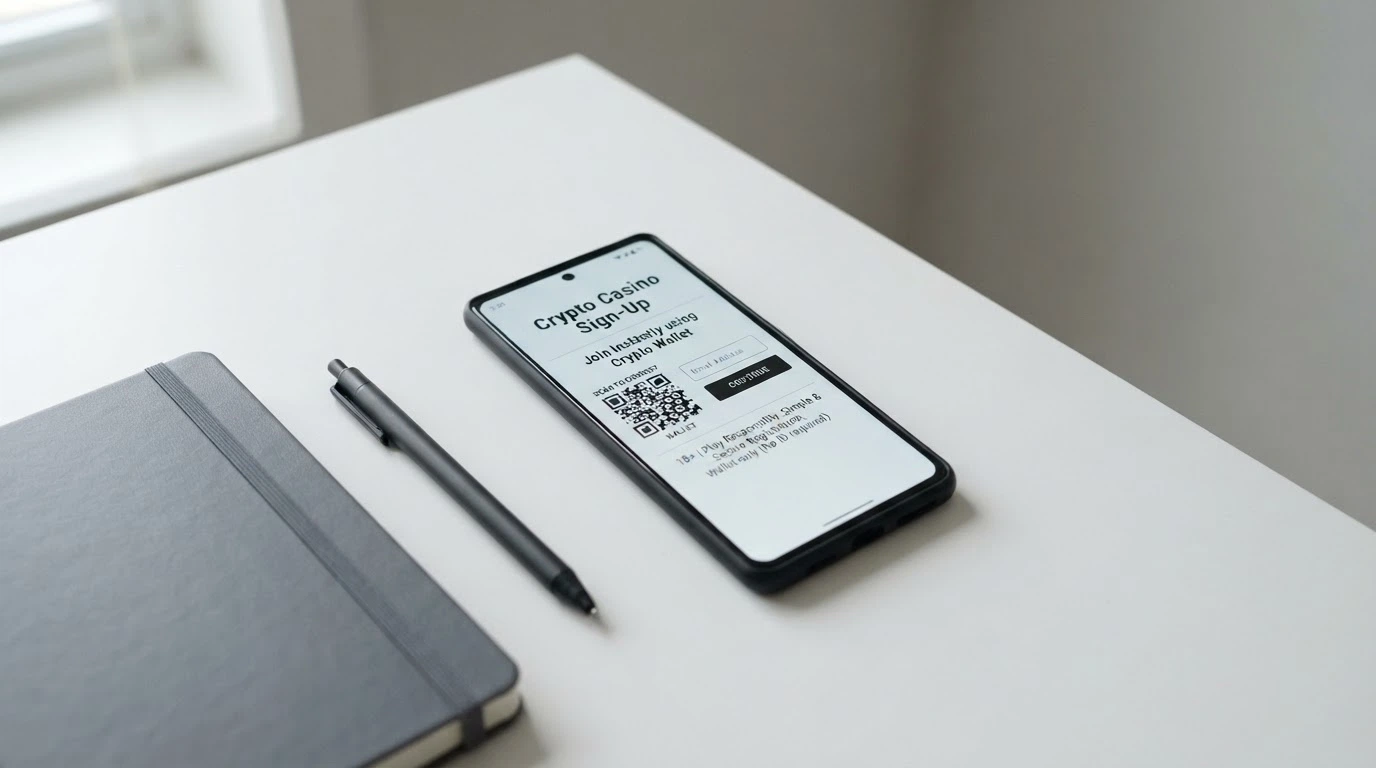 A smartphone displaying a cryptocurrency wallet QR code next to a casino sign-up screen with only an email field visible