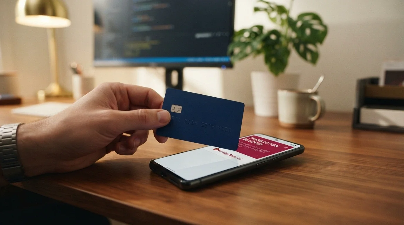 A Visa debit card held against a smartphone showing a transaction-declined notification with the text “MCC 7995 — gambling transaction blocked”