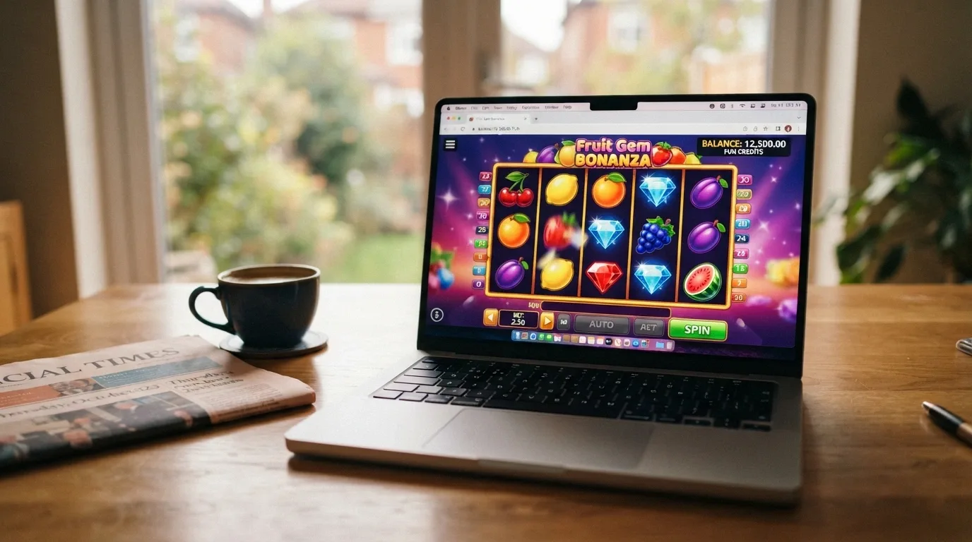 A laptop browser displaying a 1spin4win slot in demo mode with a play-money balance counter visible in the corner of the screen