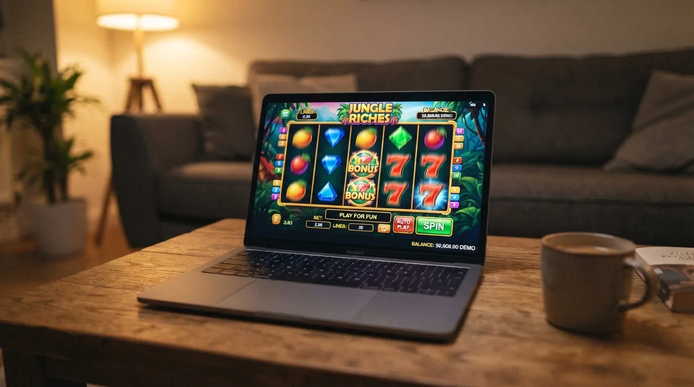 A laptop screen showing a pokie in demo-mode play with a play-money balance displayed and no registration form visible