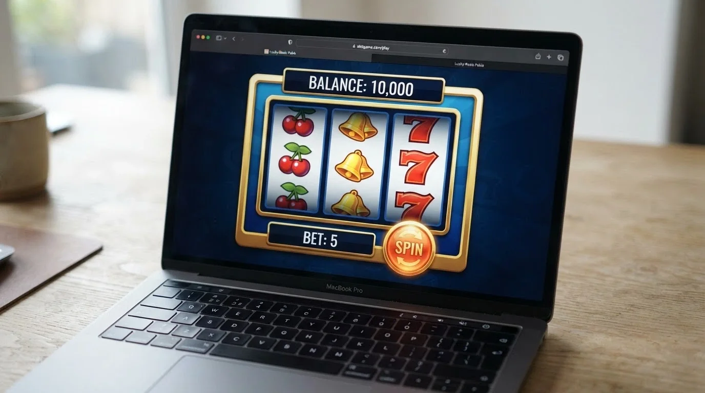 A browser window displaying a 3-reel pokie in demo mode, with a play-money balance visible and no login prompt on screen