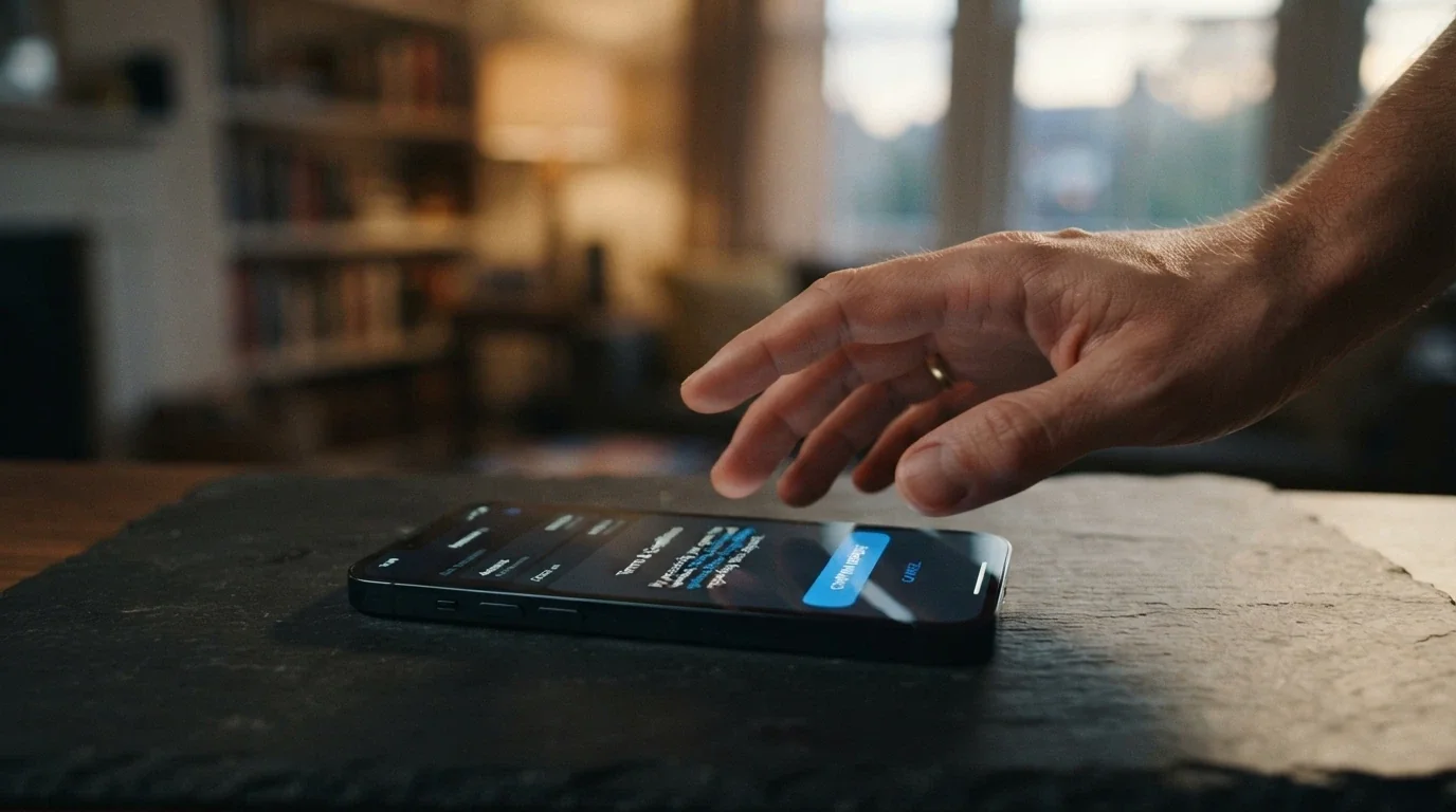 A person's hand hovering over a smartphone deposit button, paused mid-decision, with the screen showing a terms-and-conditions pop-up