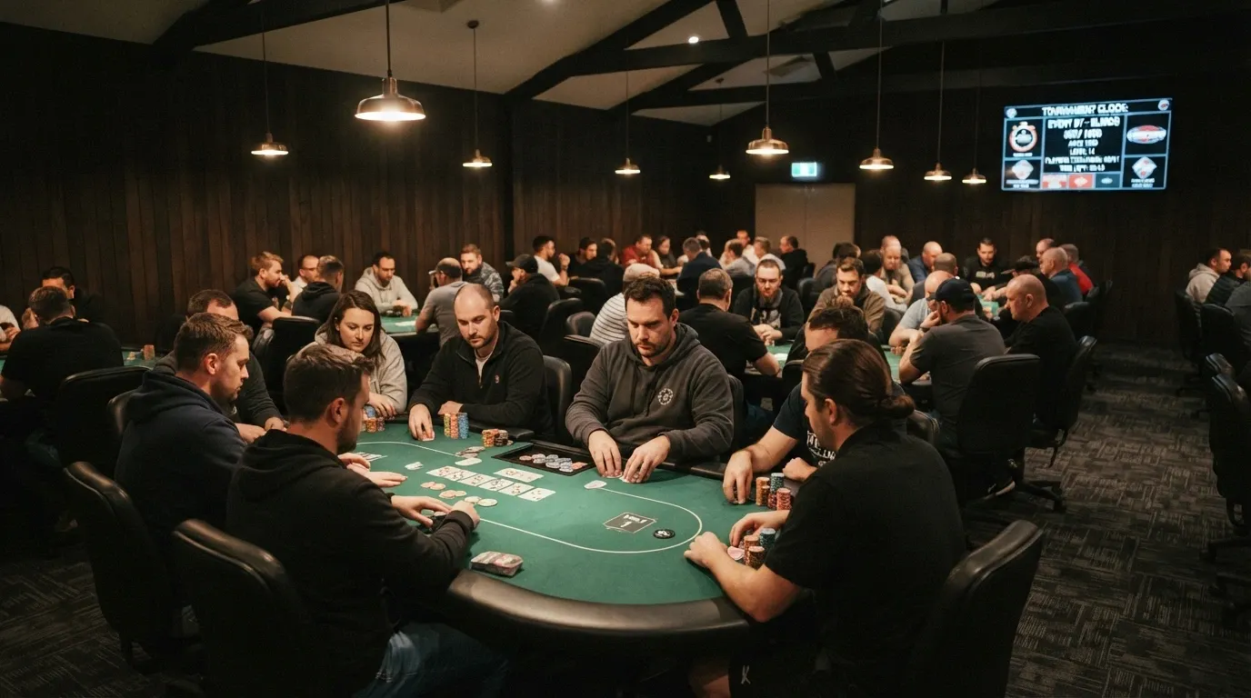 The District poker room with its tables set for a tournament
