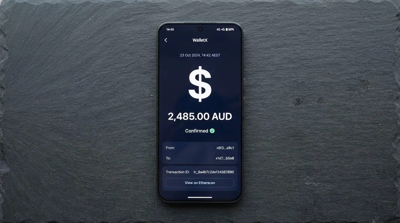 A smartphone screen showing a blockchain transaction confirmation with a timestamp and ETH amount visible