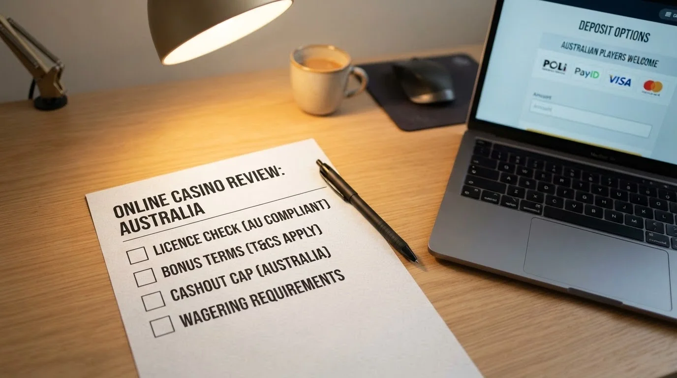 A desk-level view of a printed checklist with the evaluation criteria — licence check, bonus T&Cs, cashout cap, wagering — laid out beside a laptop showing a casino cashier