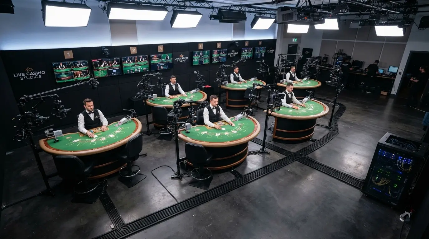A wide shot of a live casino streaming studio showing multiple tables operating simultaneously, dealers at each station, with camera rigs and production lighting visible