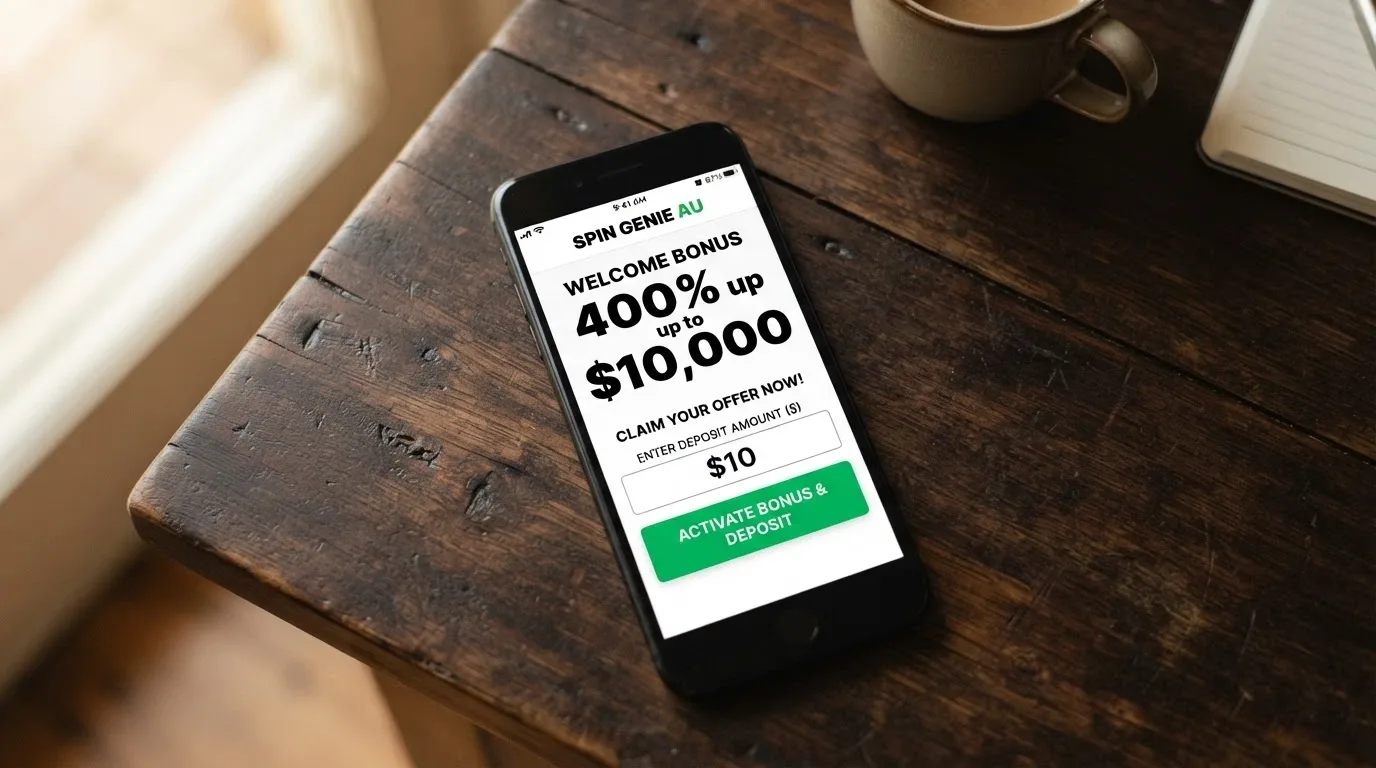 A smartphone screen showing a welcome bonus activation prompt reading “400% up to $10,000” with a $10 deposit amount entered in the field below