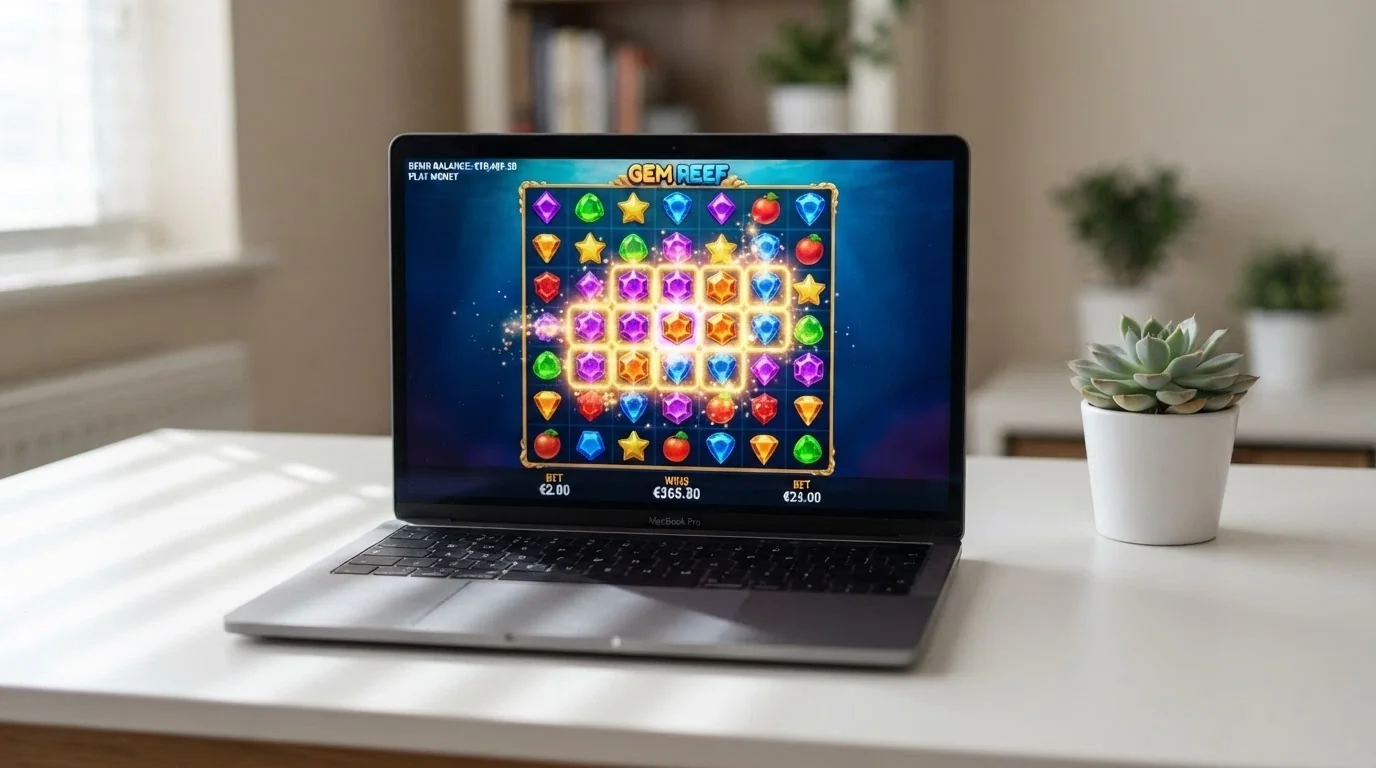 A browser window showing a 7-reel pokie in demo mode with a play-money balance displayed, the game title visible, and no deposit prompt on screen